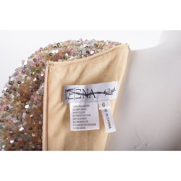 IEENA for MacDuggal Womans Sequined Dress Mini Puff Sleeve Sz 6 Beige Multi NWT - Picture 7 of 7